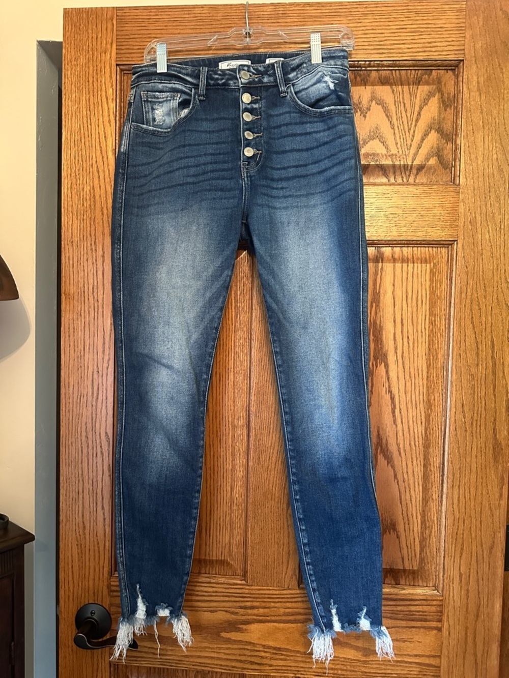 KanCan Distressed High-Rise Button-Fly Ankle Jeans - Blue